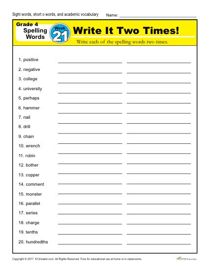 4th Grade Spelling Words - K12reader Weekly Lesson Week 21