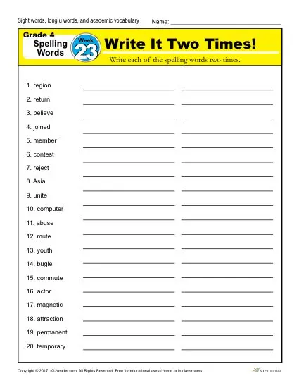 4th Grade Spelling Words - K12reader Weekly Lesson Week 23