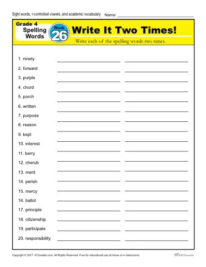 4th Grade Spelling Words - K12reader Weekly Lesson Week 26