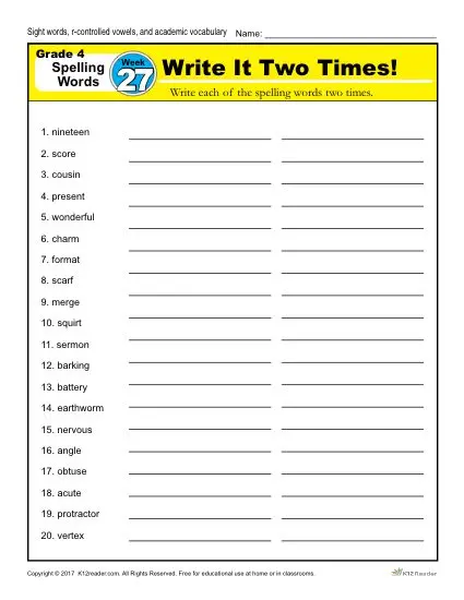 4th Grade Spelling Words - K12reader Weekly Lesson Week 27