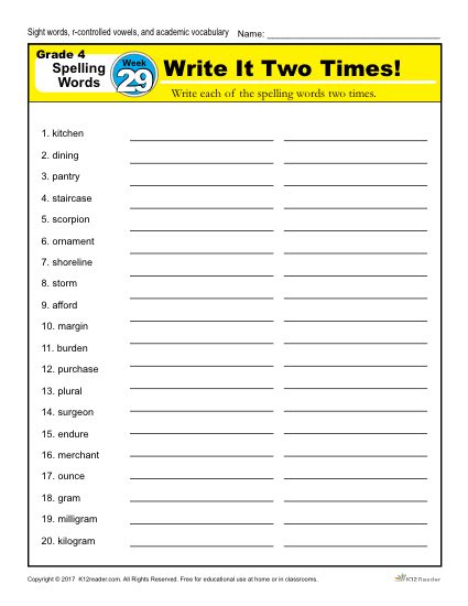 4th Grade Spelling Words - K12reader Weekly Lesson Week 29