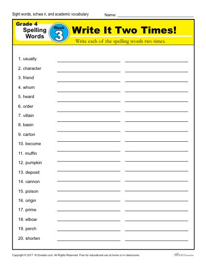 4th Grade Spelling Words - K12reader Weekly Lesson Week 3