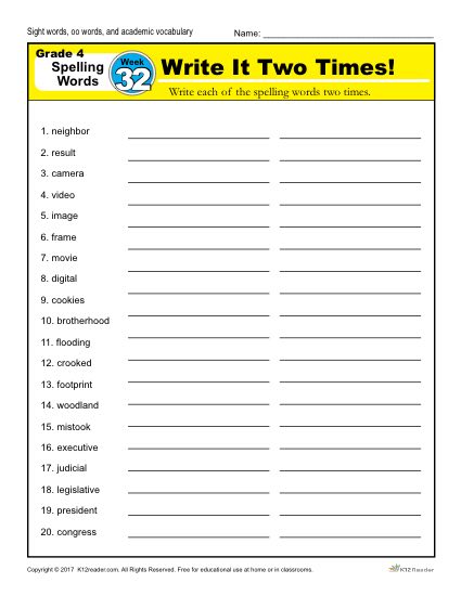 4th Grade Spelling Words - K12reader Weekly Lesson Week 32