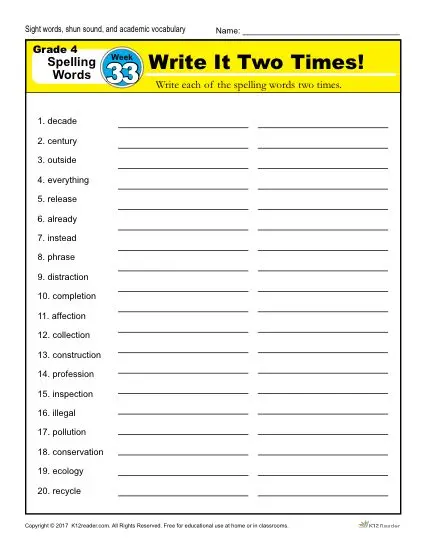 Fourth Grade Spelling Words List - Week 33 | K12reader