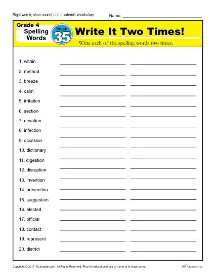 4th Grade Spelling Words - K12reader Weekly Lesson Week 35