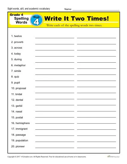 4th Grade Spelling Words - K12reader Weekly Lesson Week 4