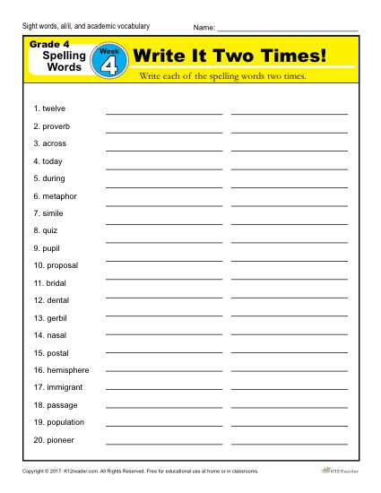 Fourth Grade Spelling Words List - Week 4 | K12reader