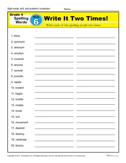 4th Grade Spelling Words - K12reader Weekly Lesson Week 6