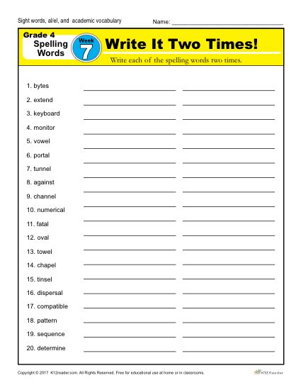 4th Grade Spelling Words - K12reader Weekly Lesson Week 7