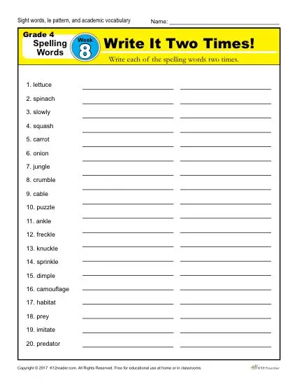 4th Grade Spelling Words - K12reader Weekly Lesson Week 8