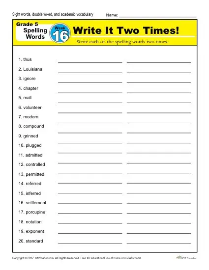 5th Grade Spelling Words - Lesson 16 of 36