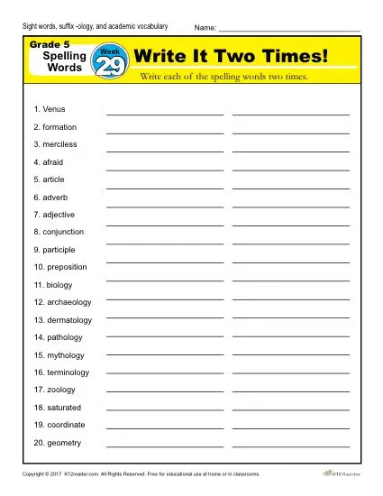 5th Grade Spelling Words - Lesson 29 of 36