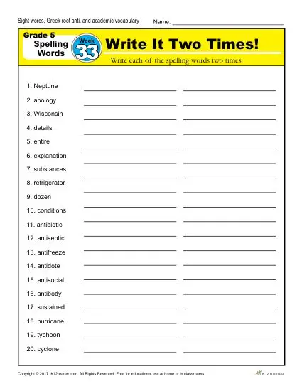 5th Grade Spelling Words - Lesson 33 of 36