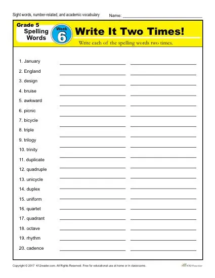 Fifth Grade Spelling Words List - Week 6 | K12Reader