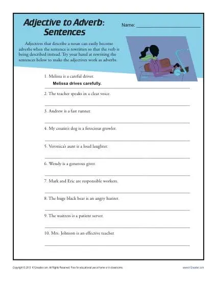 adjective to adverb sentences free printable adverb worksheets