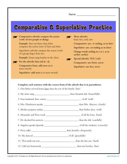 Comparative And Superlative Adverb Worksheets