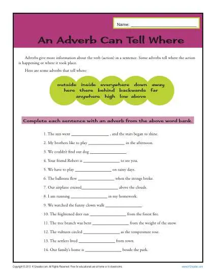 Printable Adverb Activity - An Adverb Can Tell Where