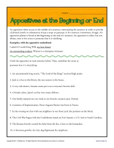 Appositives at Beginning or End - Free, Printable Worksheet Practice Activity