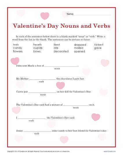 Valentine's Day Nouns and Verbs Worksheet for 2nd Grade