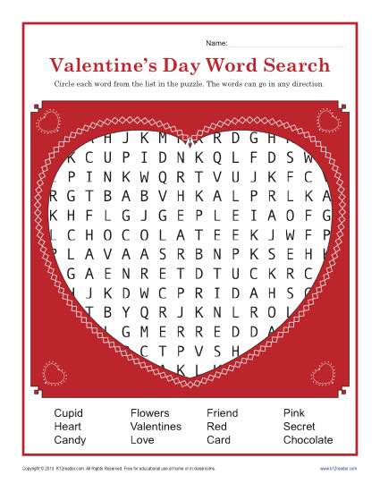 Valentine's Day Worksheet | Word Search for 3rd and 4th Grade