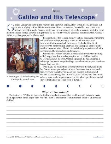 Sixth Grade Reading Comprehension Worksheet | Galileo and His Telescope