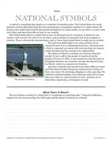 Sixth Grade Reading Comprehension Worksheet | US National Symbols