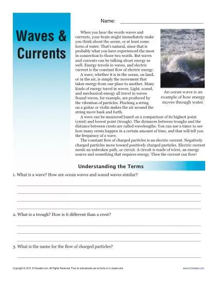 Sixth Grade Reading Comprehension Worksheet | Waves and Currents