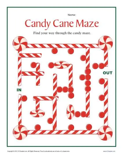 candy cane maze worksheet for 2nd and 3rd grade