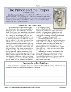 the prince and the pauper 7th grade reading comprehension worksheet