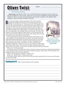 Oliver Twist | 7th Grade Reading Comprehension Worksheet