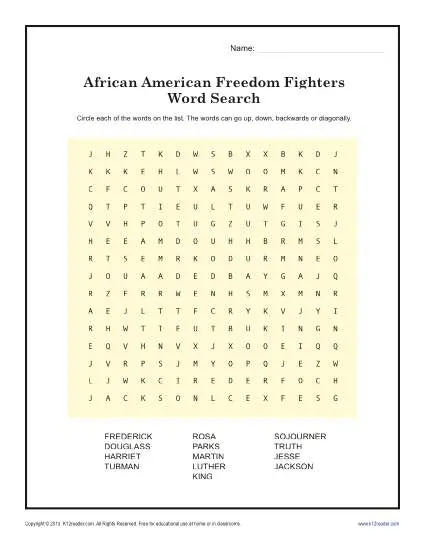 Freedom Fighter's Word Search | Black History Month Worksheets