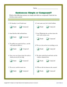 Simple or Compound Sentence Worksheets | 1st through 3rd Grade