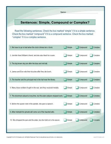 Simple, Compound or Complex Sentence | Sentence Structure Worksheet