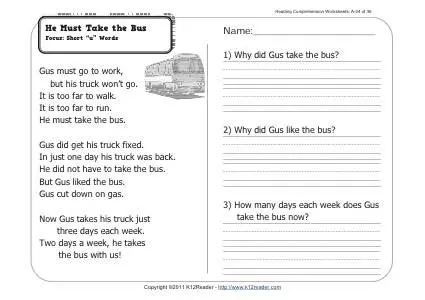 he must take the bus 1st grade reading comprehension worksheet wk 24