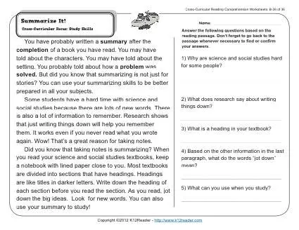 Free printable reading comprehension worksheets for grade 1 to grade 5. English Comprehension Worksheets Grade 9 - Summarize It 2nd Grade Reading Comprehension Worksheets