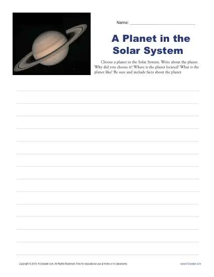 A Planet in the Solar System | 3rd and 4th Grade Writing Prompt Worksheet