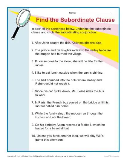 subordinate clause homework year 5