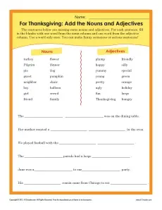 Noun and Adjective Thanksgiving Worksheet