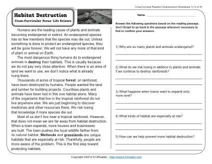 habitat destruction 3rd grade reading comprehension worksheet