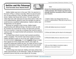 Galileo and His Telescope | 3rd Grade Reading Comprehension Worksheet