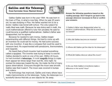 Galileo and His Telescope | 3rd Grade Reading Comprehension Worksheet