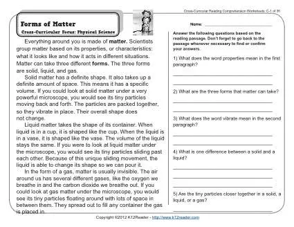 forms of matter 2nd grade reading comprehension worksheet