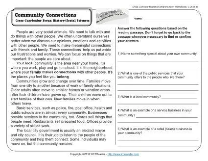 community connections 3rd grade reading comprehension worksheet