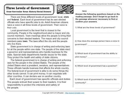 Three Levels of Government | 3rd Grade Reading Comprehension Worksheet