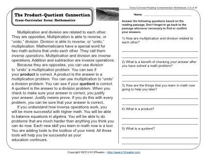 the product quotient connection 3rd grade reading comprehension worksheet