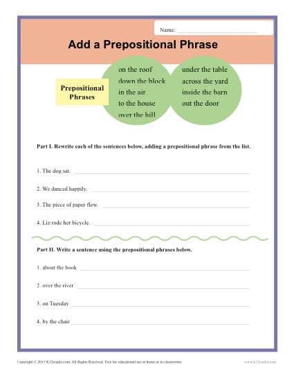 Printable Writing Exercise - Adding Prepositional Phrases