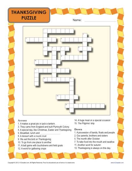 Thanksgiving Worksheet | Crossword Puzzle