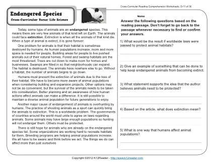 Endangered Species | 4th Grade Reading Comprehension Worksheet