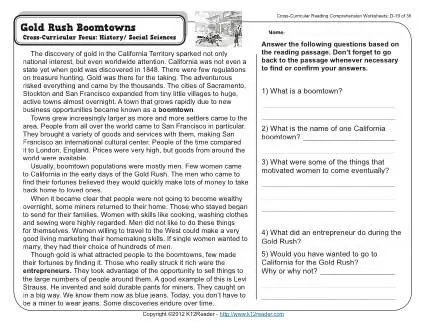 Gold Rush Boomtowns | 4th Grade Reading Comprehension Worksheet