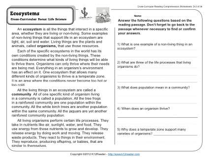 Ecosystems 4th Grade Reading Comprehension Worksheet
